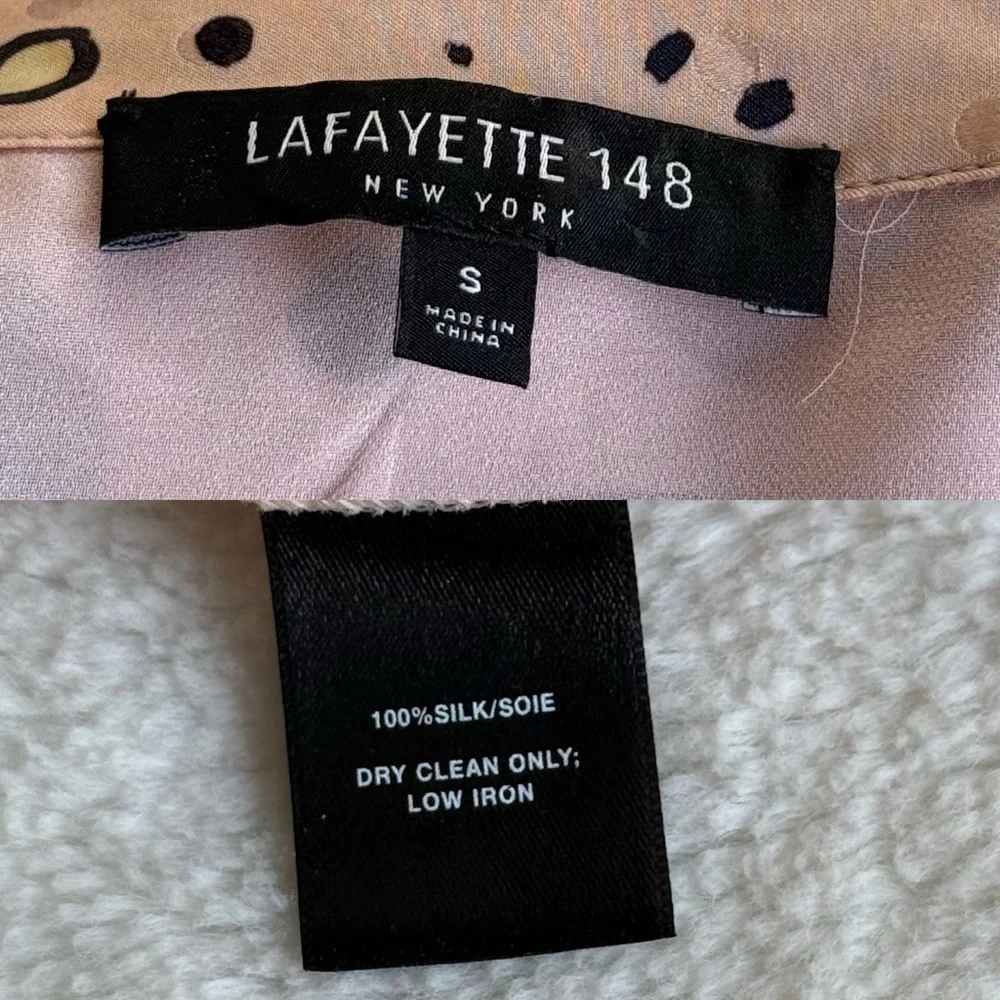 Lafayette 148 NWOT Silk Scottie Print Collar Pink Brown Long Sleeve Shirt S - Picture 10 of 11